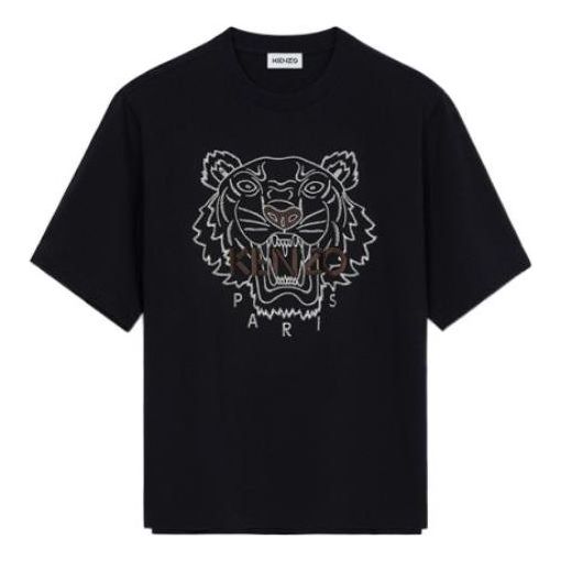 Men's KENZO Tiger Head Printing Loose Short Sleeve Black T-Shirt FB65TS0894YF-99