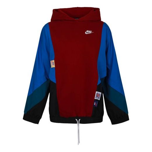 (WMNS) Nike As W Nsw Icn Clsh Po Hdy Mx Os Splicing Contrasting Colors Sports Hooded Fleece Lined Pullover Red Hoodie CJ2030-677