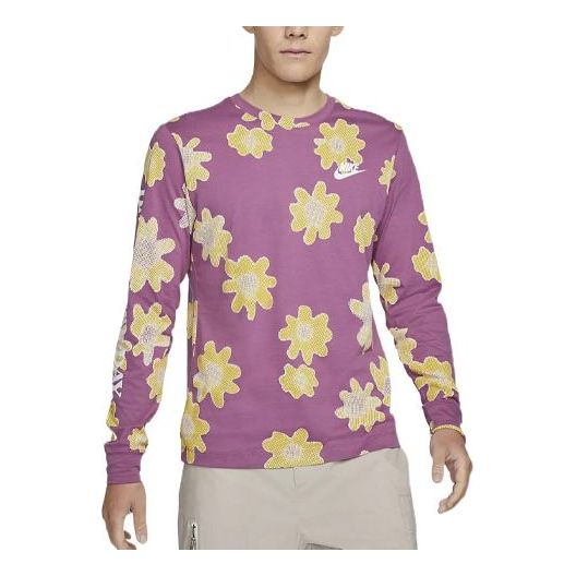 Men's Nike SS22 Flowers Logo Printing Round Neck Long Sleeves Wine Red T-Shirt DM6336-507