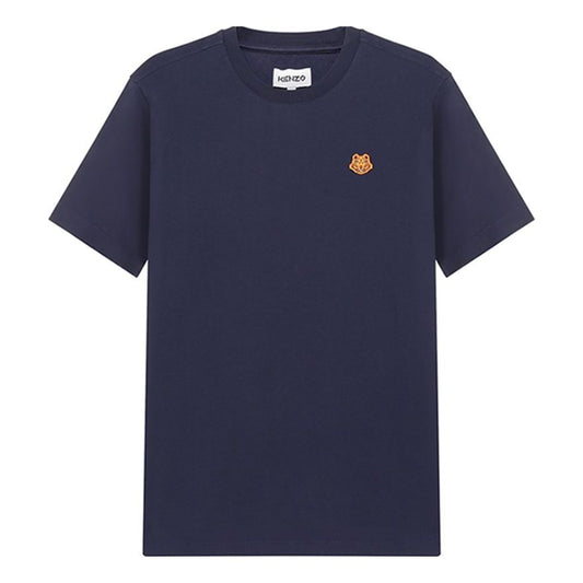 Men's KENZO SS22 Small Tiger Head Pattern Embroidered Round Neck Short Sleeve Navy Blue FB55TS0034SA-76