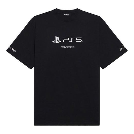 Balenciaga x PlayStation Crossover Ps5 Alphabet Geometry Pattern Printing Short Sleeve Unisex Black 651795TKVF31070
