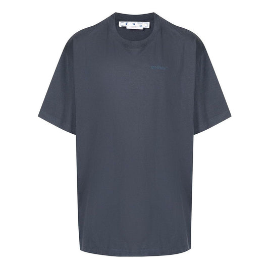 Men's Off-White Stripe Printing Short Sleeve Loose Fit Navy Blue T-Shirt OMAA038S22JER0024646